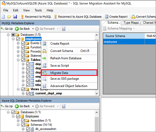 Screenshot of the 'Migrate Data' command on the 'MySQL Metadata Explorer' pane.