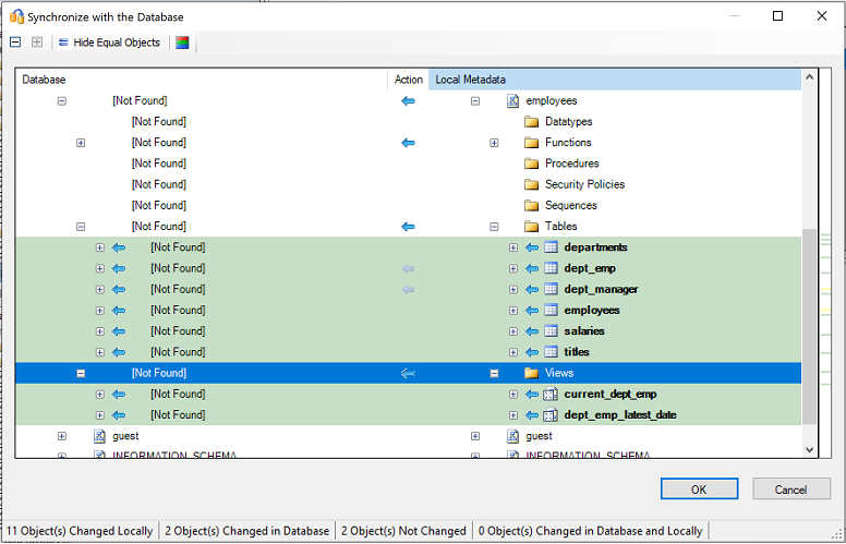 Screenshot of the 'Synchronize with the Database' pane for reviewing database mapping.