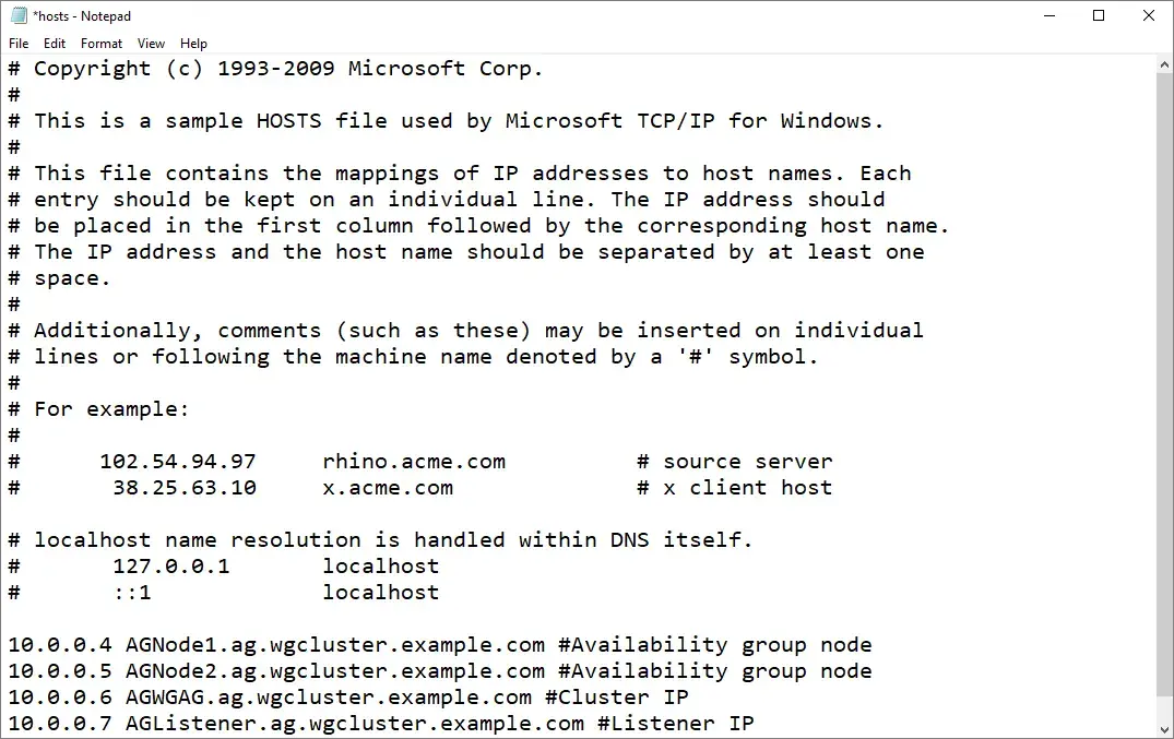 Screenshot of the hosts file in Notepad. The new entries for the IP address, cluster, and listener of each new node are added at the end of the file.