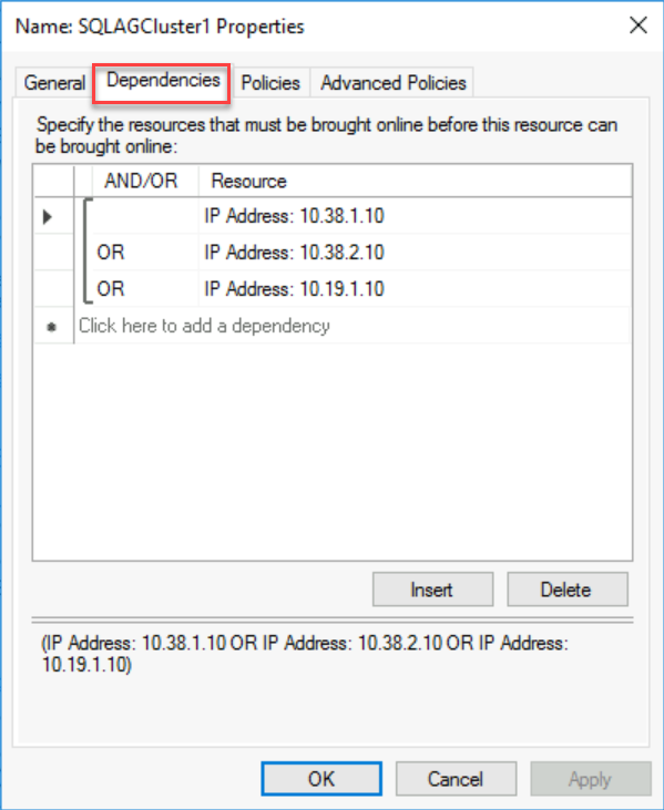 Screenshot of the Cluster Properties dialog that shows selections for adding a dependency.