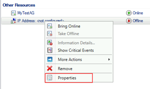 Screenshot of Failover Cluster Manager that shows selections for opening properties for a resource.