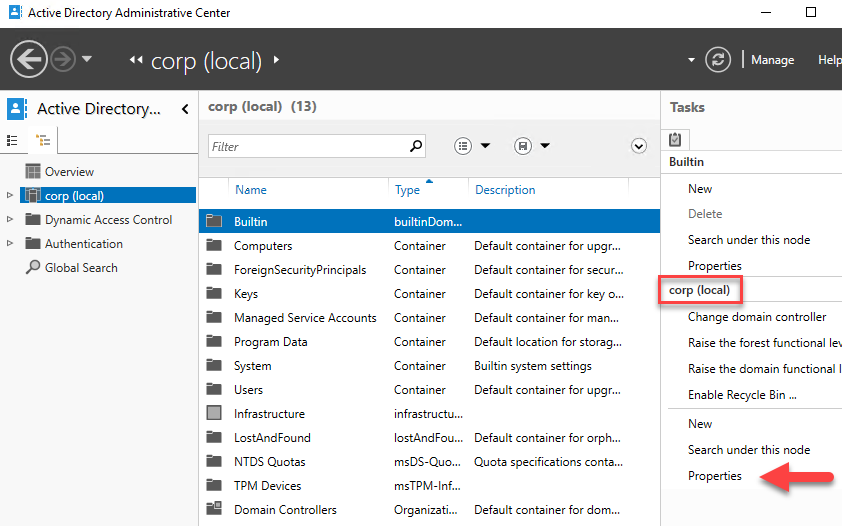 Screenshot of the Active Directory Administrative Center - CORP user properties