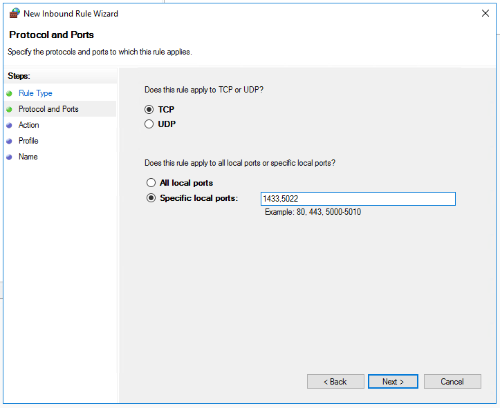 Screenshot adding a new rule to the Windows Firewall.