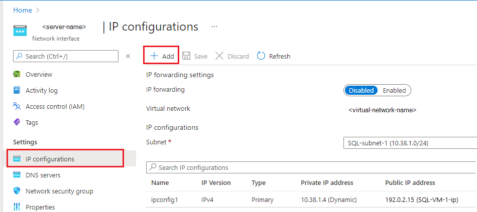 Screenshot of the IP configurations page for the VM network interface in the Azure portal.