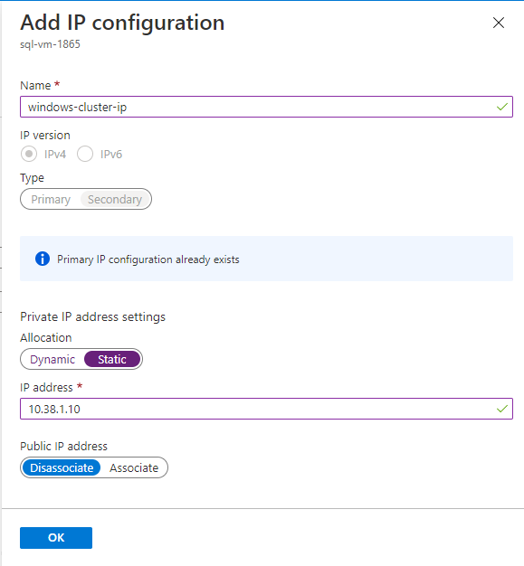 Screenshot of the Add IP configuration pane for the VM network interface in the Azure portal.