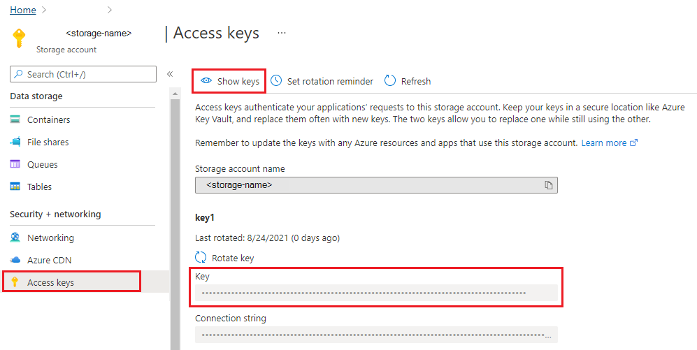 Screenshot of the access keys for the storage account in the Azure portal.