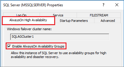 Screenshot of the enable Always On availability groups option in SQL Server Configuration Manager.