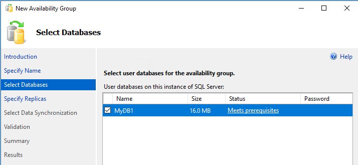Screenshot of the Select Databases page in the New availability group Wizard within SSMS.