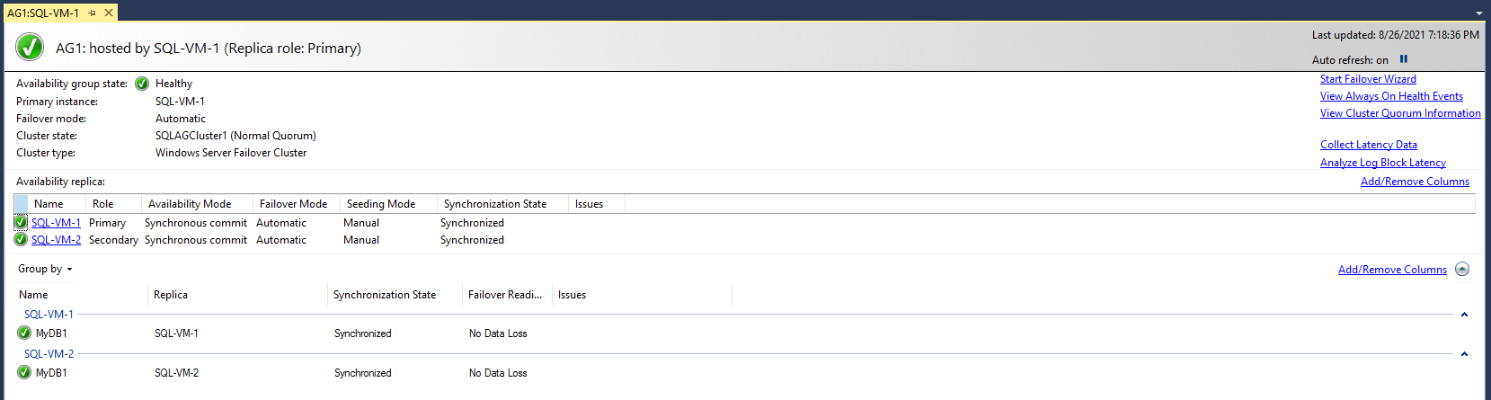 Screenshot of the Availability Group Dashboard in SSMS.