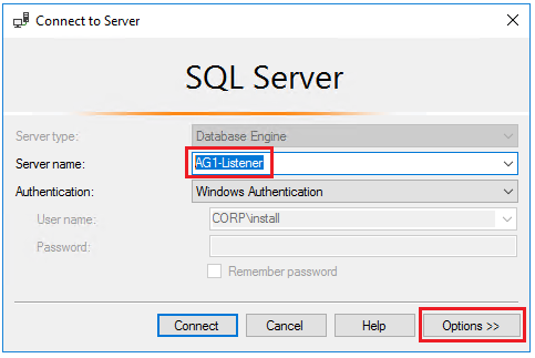 Screenshot of the Connect to Server dialog box in SSMS, connecting to the listener AG1-Listener.