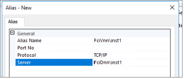 Screenshot showing the full instance name when configuring a network alias for a named instance.
