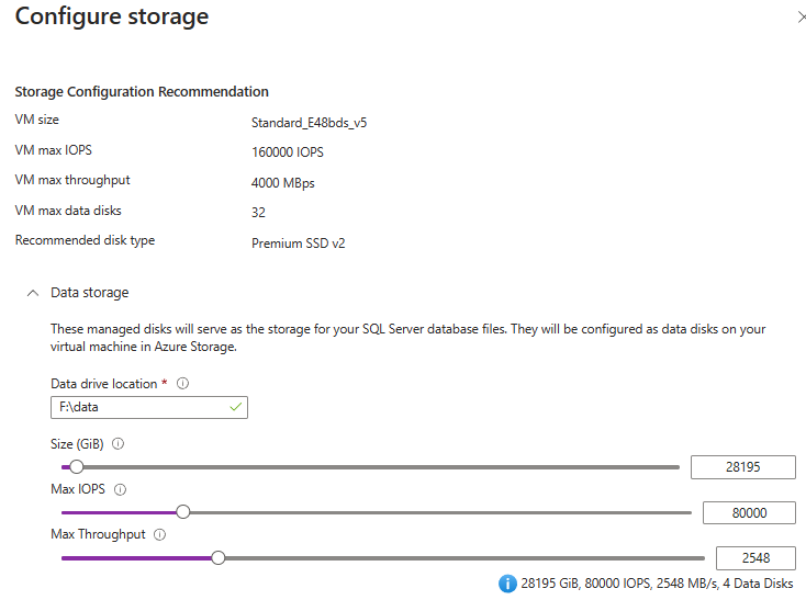 Screenshot of the Configure storage window in the Azure portal.