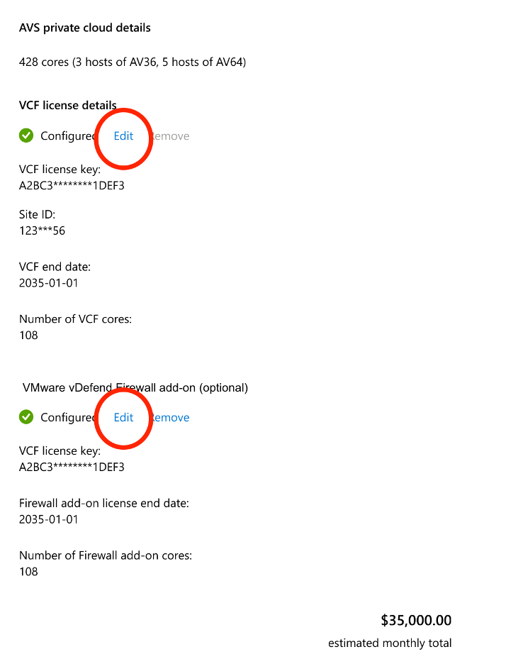 Screenshot of options for editing an existing VCF portable subscription.