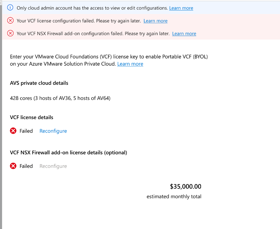 Screenshot of an error in registering a portable VCF license.