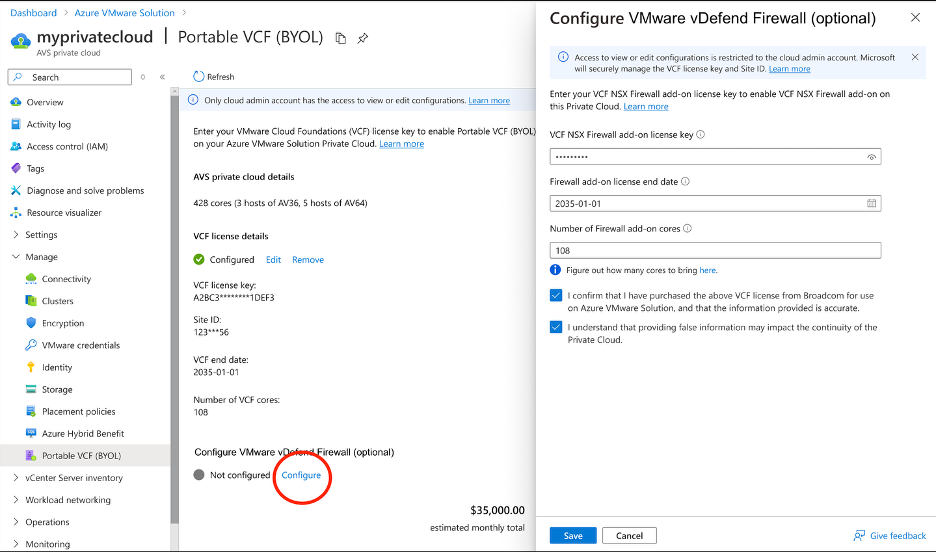 Screenshot of selections for registering a VCF firewall license on an Azure VMware Solution private cloud.
