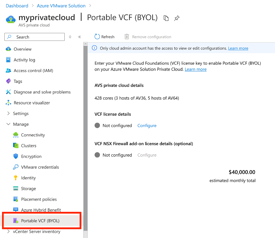 Screenshot of the management page to register a VCF portable subscription within an Azure VMware Solution private cloud.