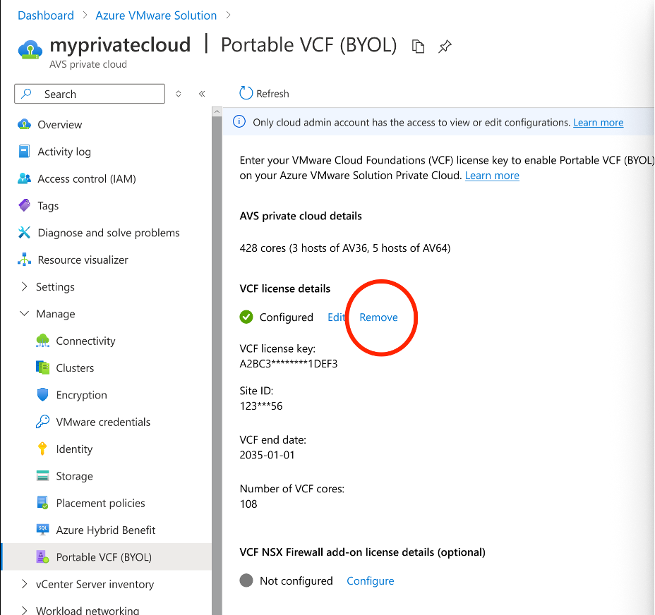 Screenshot of selections for removing a VCF subscription that's already registered on an Azure VMware Solution private cloud.