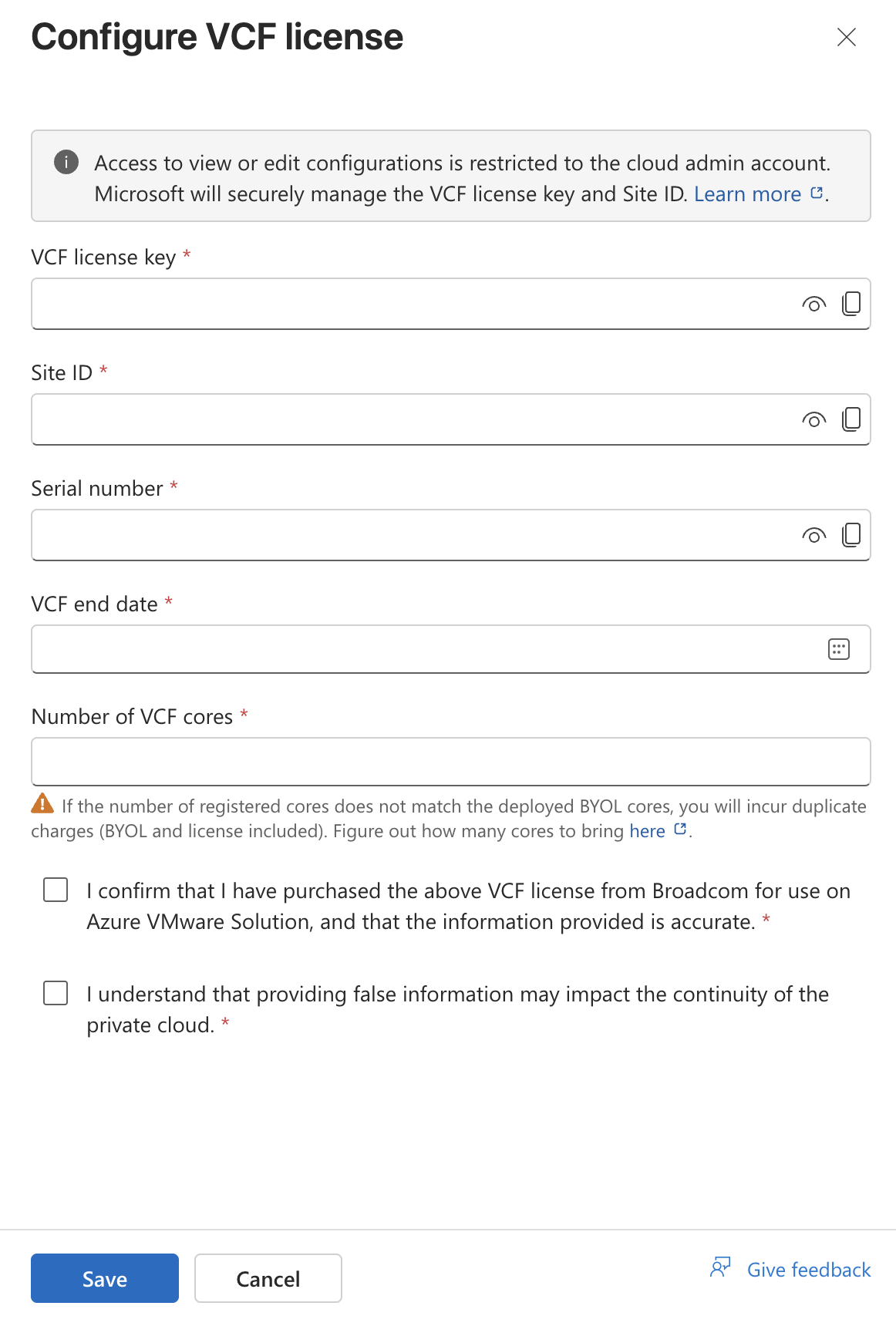 Screenshot of the configuration details pane to register a VCF portable subscription within an Azure VMware Solution private cloud.