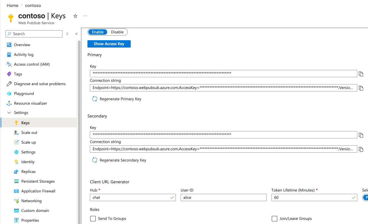 Screenshot of the Client URL Generator in the Azure portal, showing the hub, user ID, and the generated client access URL.
