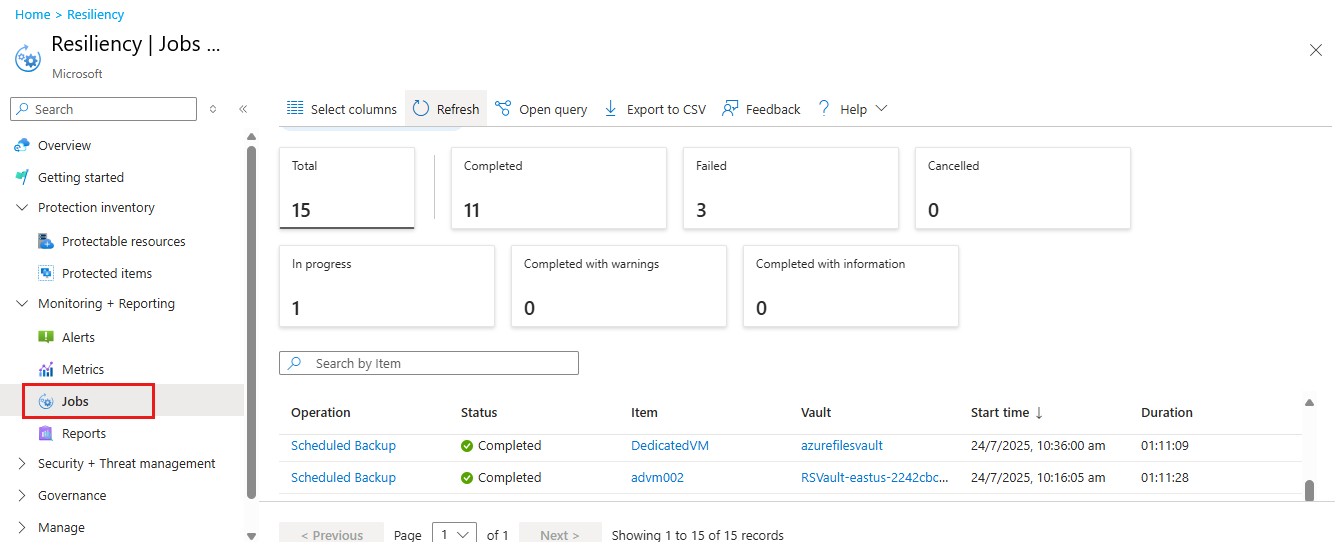 Screenshot that shows backup job status.