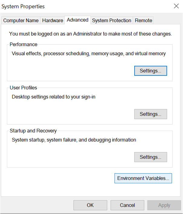 Screenshot that shows the button for setting environment variables in System Properties.