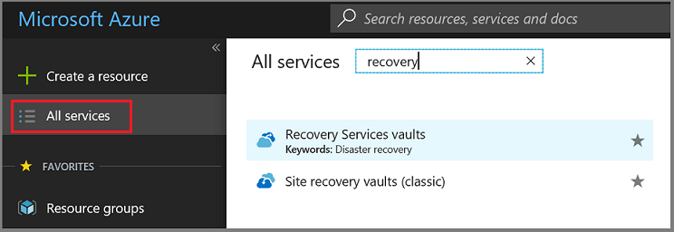 Screenshot that shows the Recovery Services vaults option.