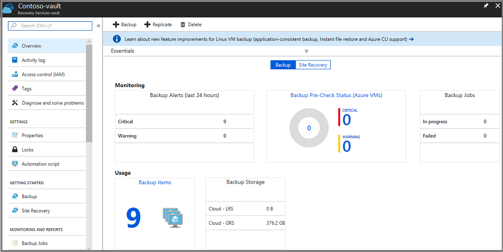 Screenshot that shows the Recovery Services vault dashboard.