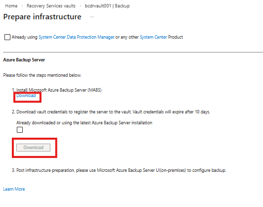 Screenshot that shows the Prepare infrastructure pane with download links for Microsoft Azure Backup Server and vault credentials.