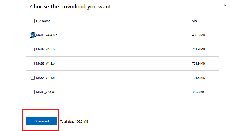 Screenshot that shows the Download Center with Microsoft Azure Backup Server files.