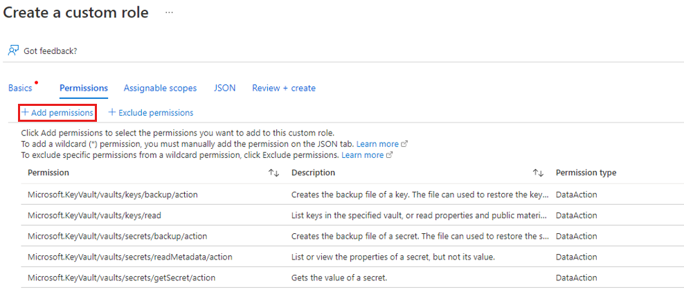 Screenshot shows how to add permissions to a key vault.