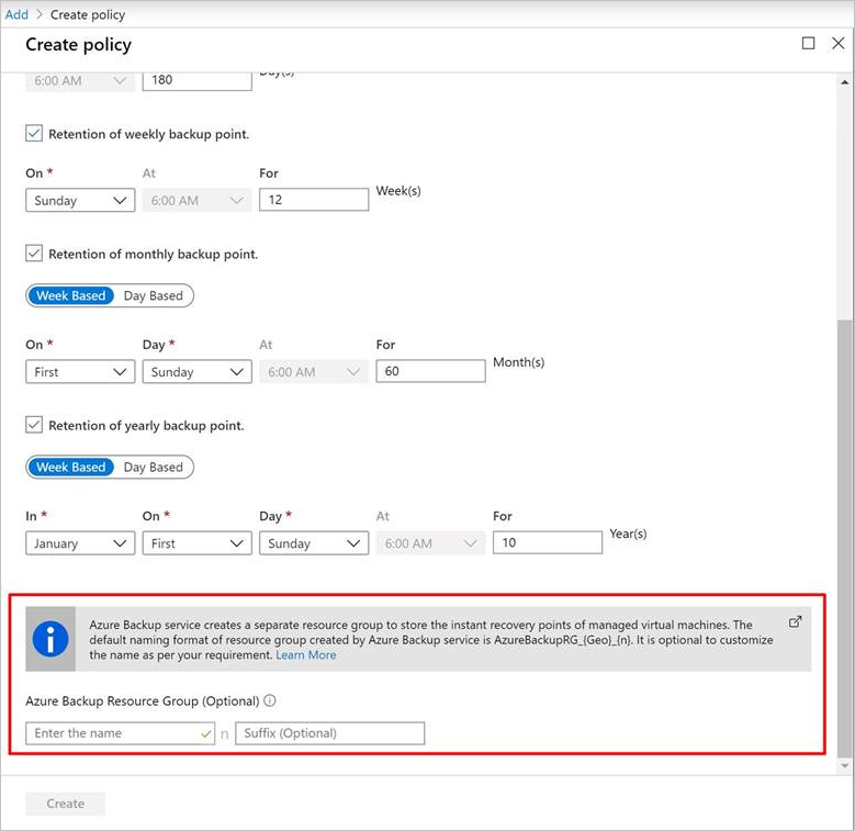 Screenshot that shows the selection of a name when you create a policy.