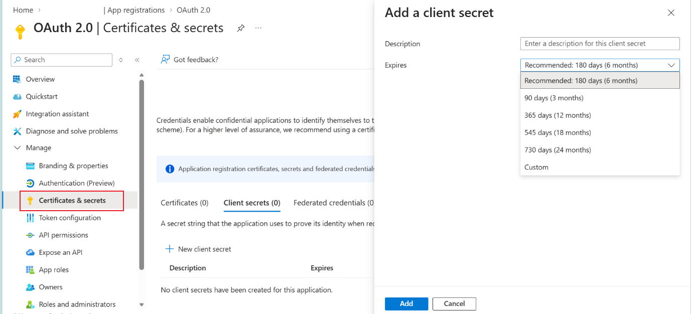 Screenshot of Azure portal App registration Certificates & secrets with the client secret description and expiration options.