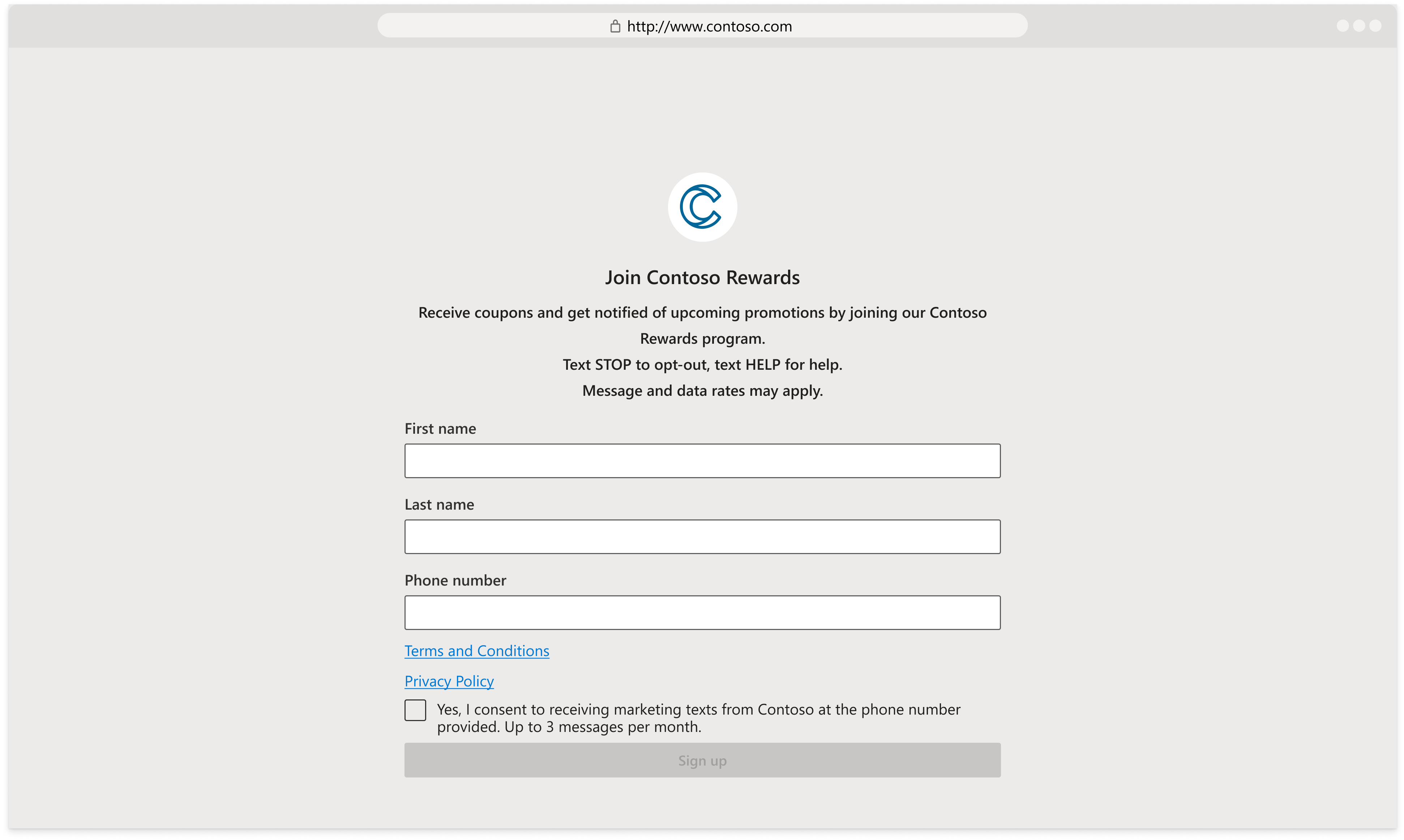 Screen capture of the web opt-in mock up.