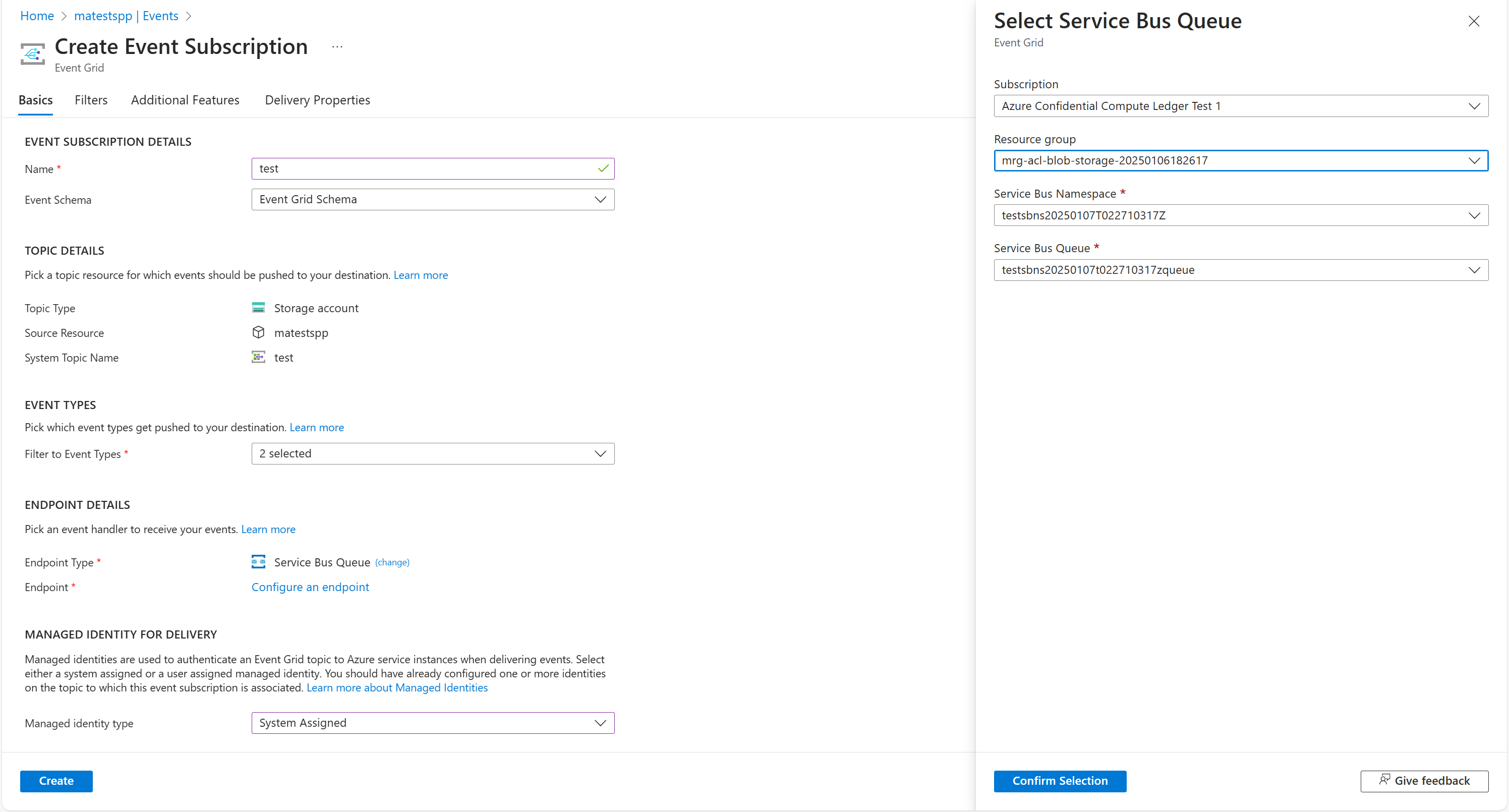 Screenshot that shows how to set up a storage event subscription.