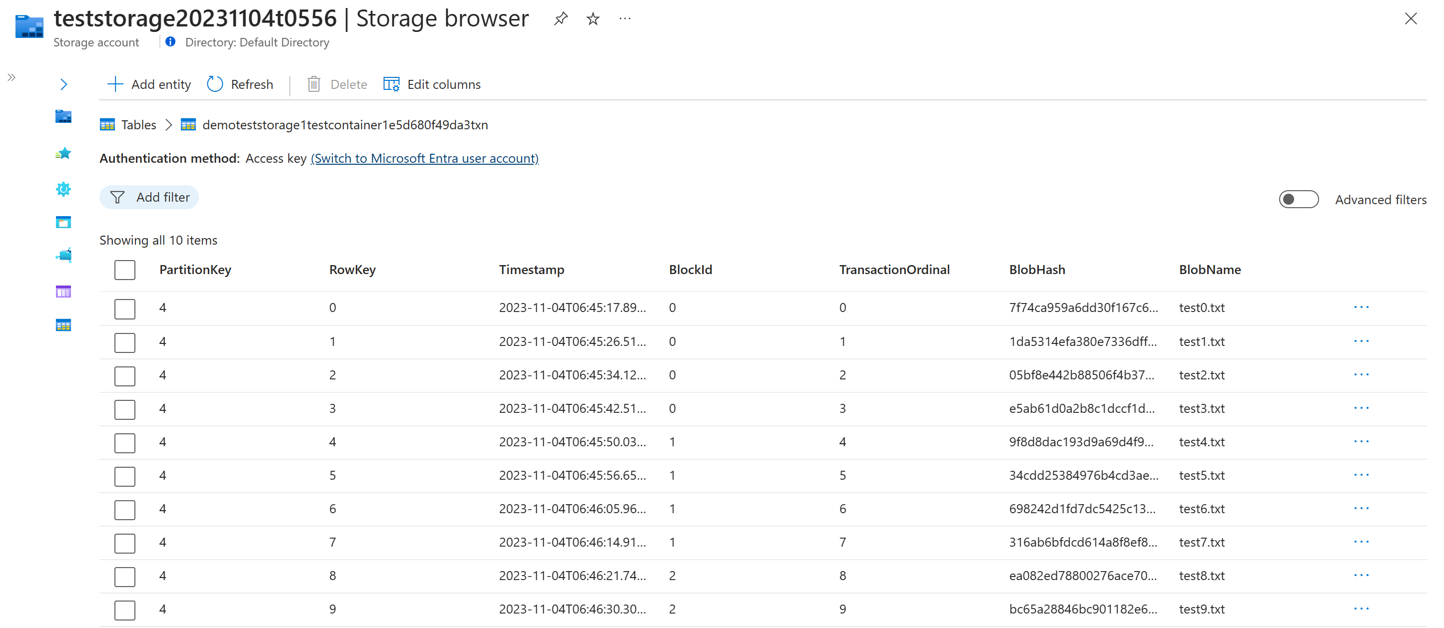 Screenshot that shows the transaction table where blob hashes are stored.