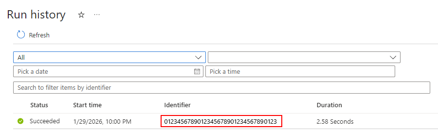 Screenshot shows Run history list for Consumption workflow.