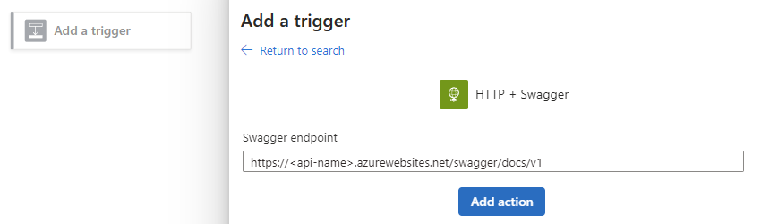 Screenshot that shows the Azure portal, workflow designer, and HTTP + Swagger trigger pane. An example URL is entered for the Swagger endpoint parameter.