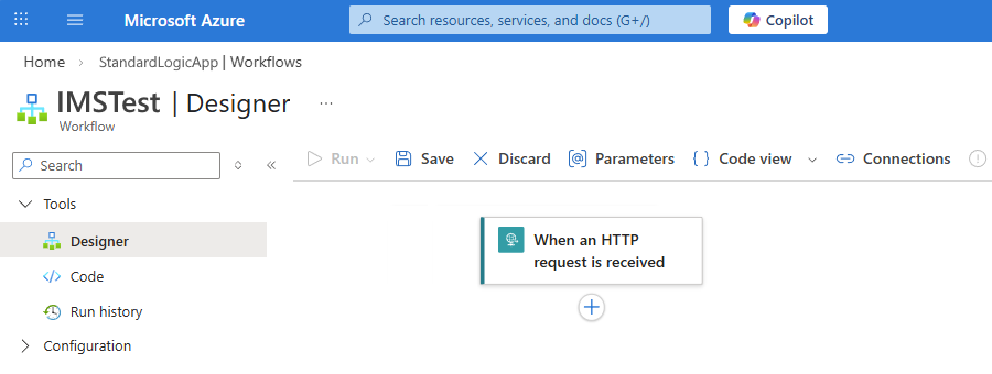 Screenshot shows Azure portal, Standard workflow designer, and Request trigger.