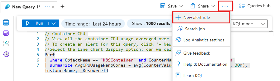 Screenshot of the Log Analytics interface highlighting the new alert rule button.