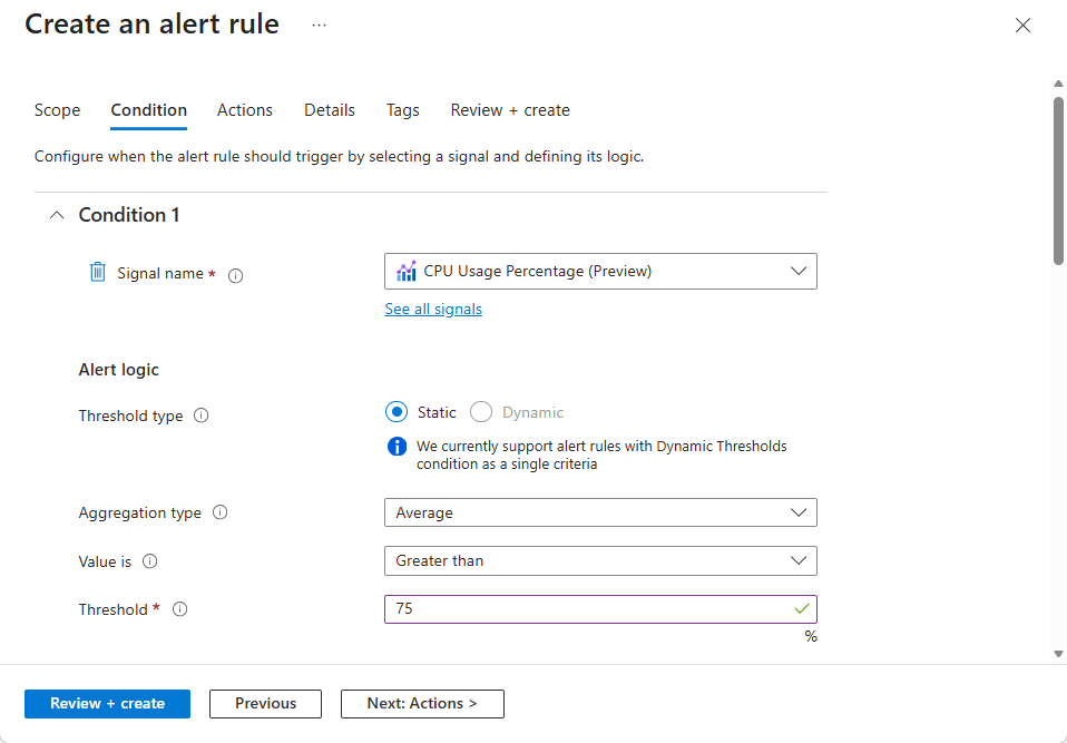 Screenshot of the metric explorer alert rule editor that shows a condition that is automatically created based on the chart settings.