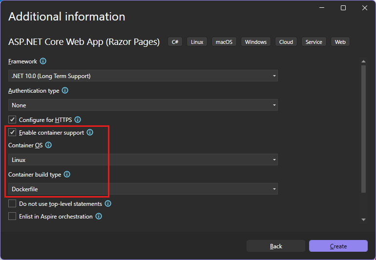 A screenshot showing the option to select to enable docker.