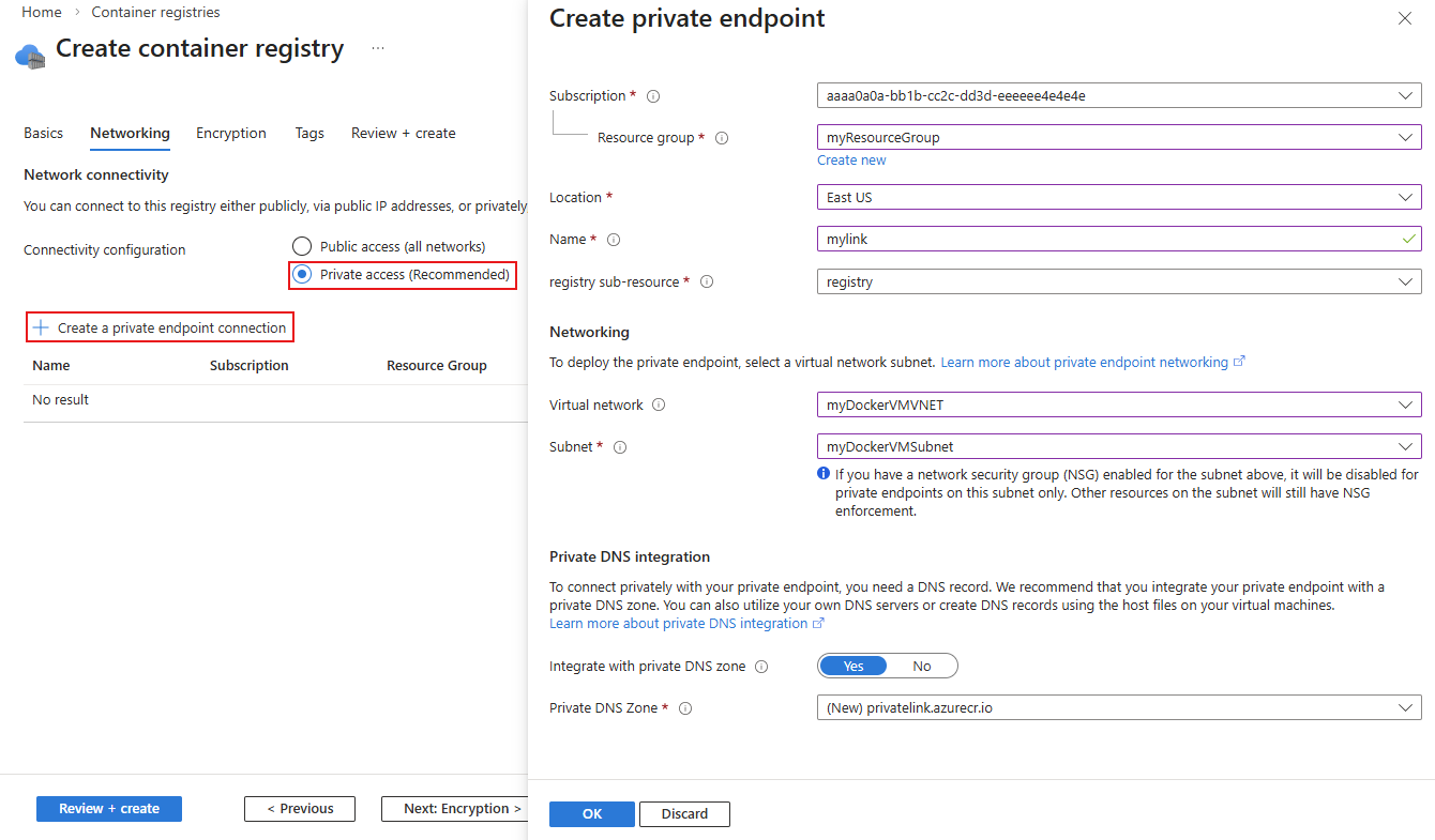 Screenshot showing the options to create a private endpoint for a new Azure container registry.