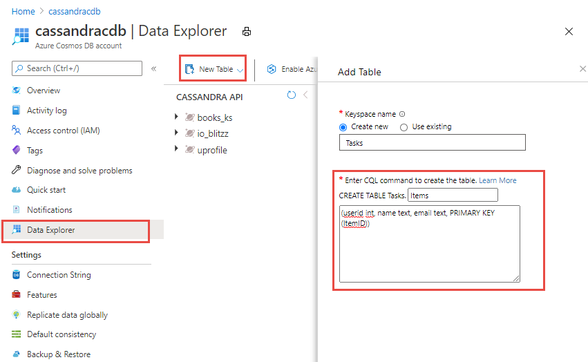 Screenshot of Data Explorer, when creating a new table with throughput
