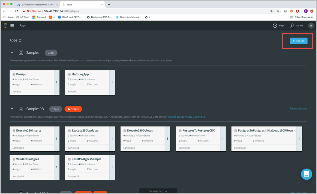 Screenshot of the Striim Apps pane with the Add App button highlighted.