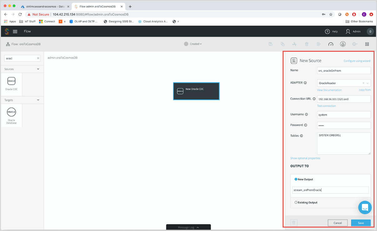 Screenshot of the Striim source configuration pane. The Connection URL and credentials are shown.