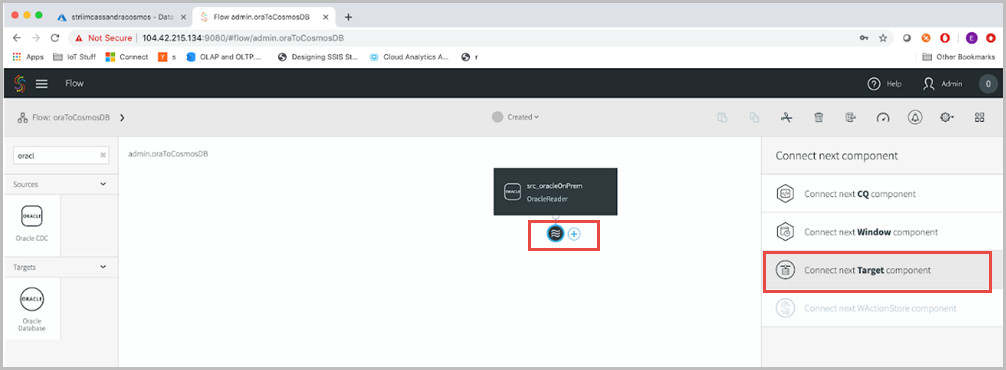 Screenshot of the Striim Flow Designer. It shows the stream connected to the target.