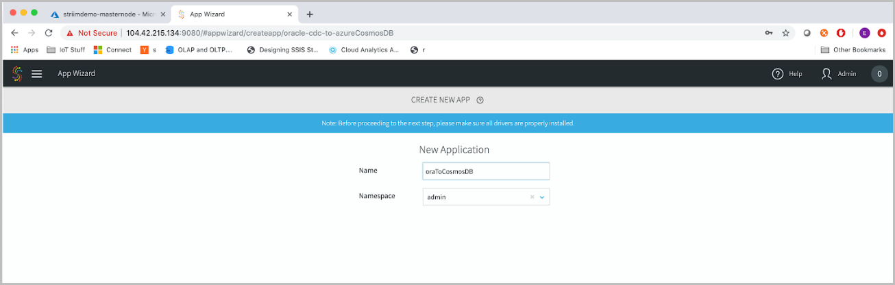 Screenshot of the Striim New Application pane. An application name is entered.