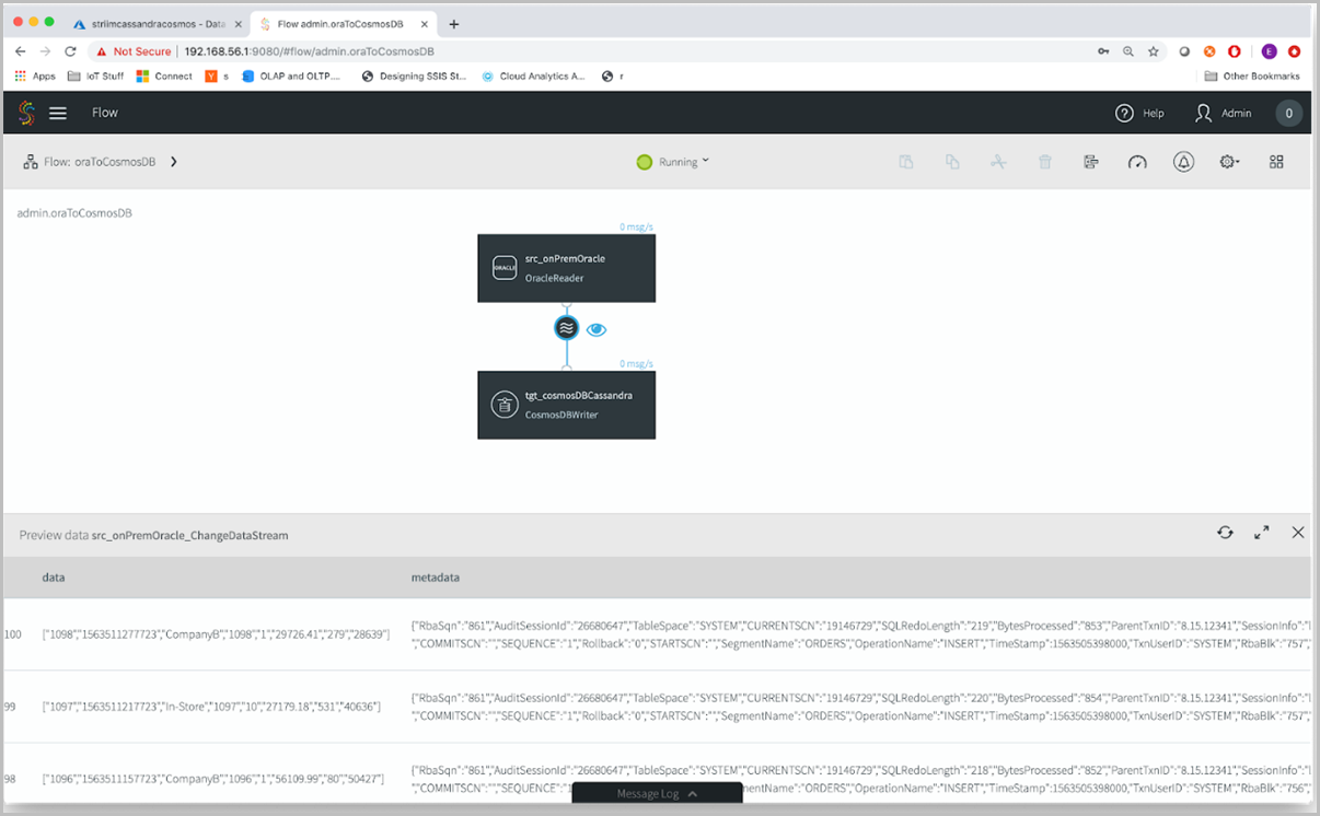 Screenshot of the Striim platform. It shows data flowing through the CDC pipeline.