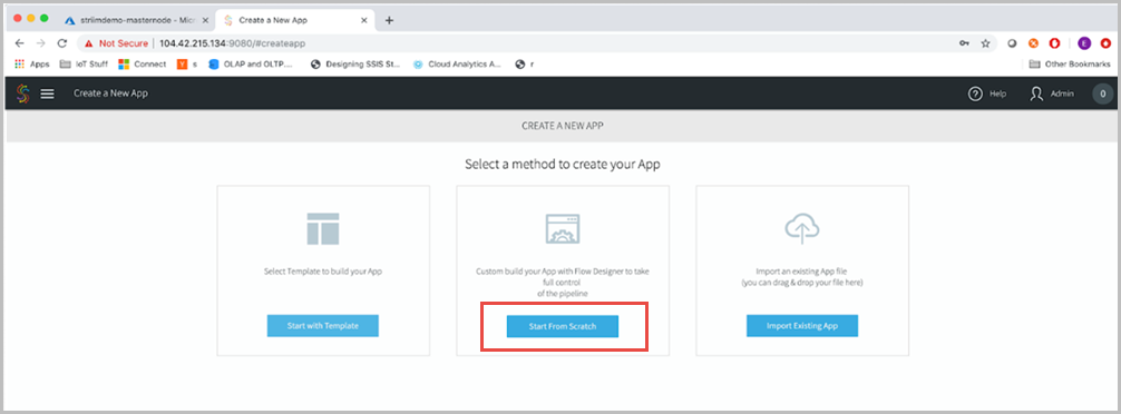 Screenshot of the Striim Create a New App pane. Start from Scratch is selected.
