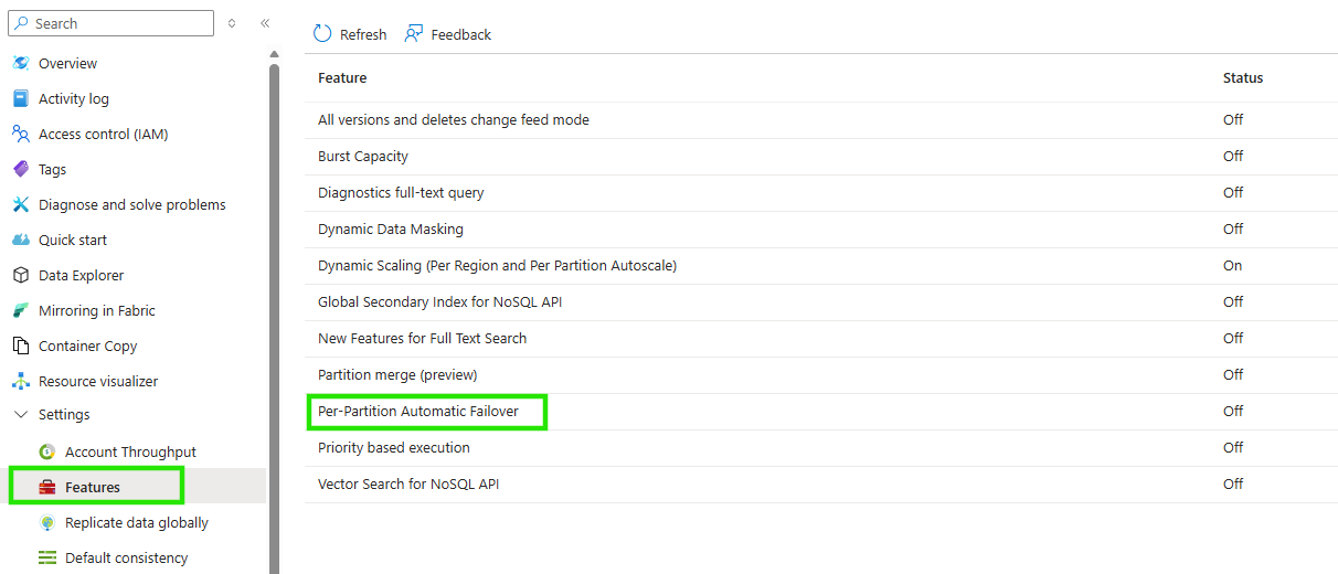 Screenshot of the per-partition automatic failover feature in the Azure portal with the Enable toggle highlighted.